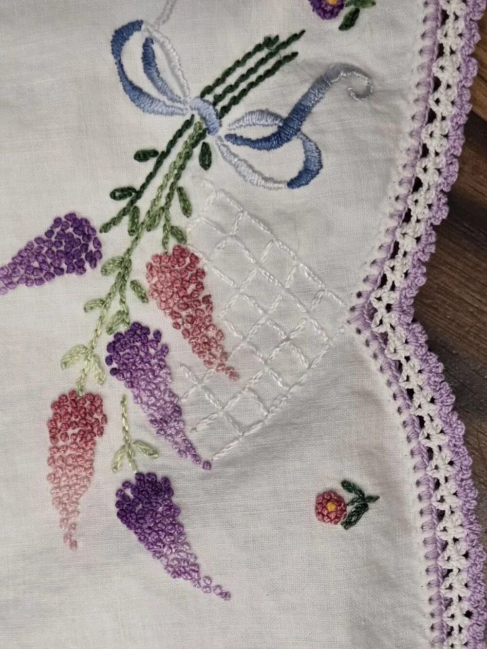 Vtg Hand Embroidered Pillowcase Floral Basket Lavender Scalloped Crochet